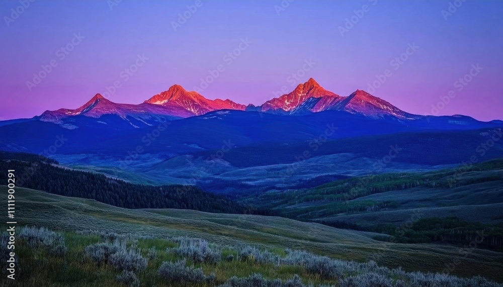 Fototapeta premium Serene mountain landscape at dusk with vibrant colors and gentle hills.