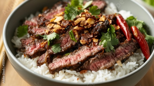 Delicious Grilled Steak Over Steamed Rice with Fresh Herbs and Spices