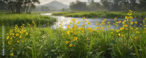 Bright yellow Partridge Peas Chamaecrista fasciculata flowers blooming in lush green wetland meadow, greenery, wildflower field, wildflowers photo