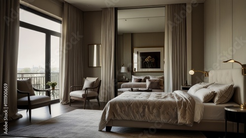 a bedroom with a bed  chair and mirror on the wall in front of the window looking out onto the balcony