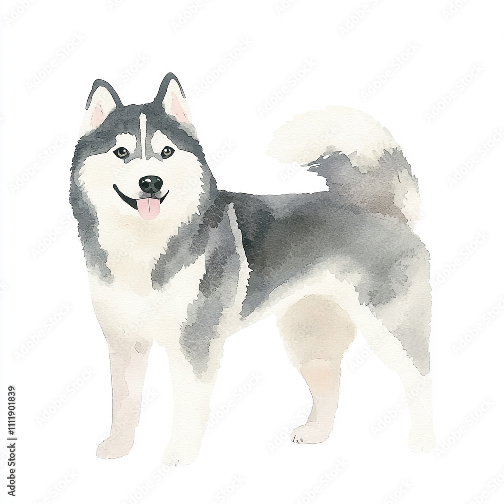 Naklejka premium Beautiful Watercolor Painting of a Simple Alaskan Malamute Dog