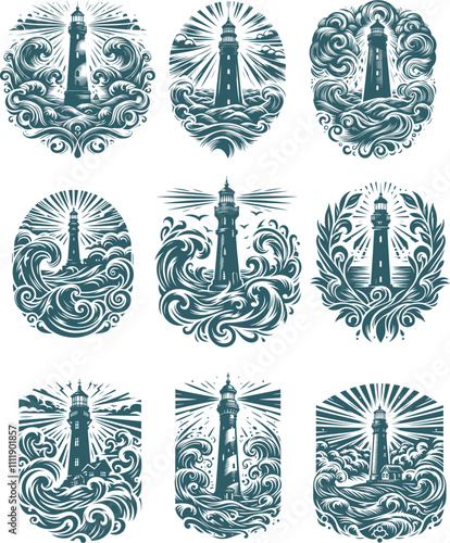 graphic collection of nautical Stylized lighthouses in stormy sea waves artistic stencil design