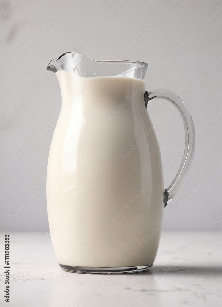 A pitcher of milk is placed against a bright white background with subtle highlights, reflected light, white background, monochromatic color scheme A pitcher of milk is placed against a bright white background with subtle highlights, reflected light, white background, monochromatic color scheme
