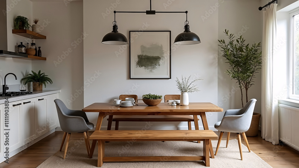Cozy Dining Room in Farmhouse Style with Bench Seat and Industrial Lighting Cozy Dining Room in Farmhouse Style with Bench Seat and Industrial Lighting