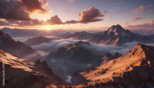 Clouds illuminate the landscape of a mountain range at sunset, foggy mountainside, sky