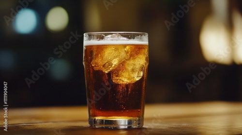 Refreshing Dark Beverage with Ice Cubes in Stylish Bar Setting