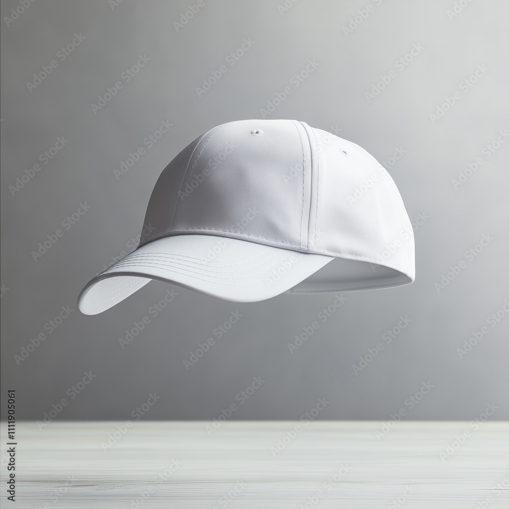 Mockup white baseball cap floating in the air on light gray wall background, Ai generated images Mockup white baseball cap floating in the air on light gray wall background, Ai generated images