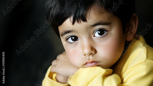 Studio closeup portrait of a pensive little boy looking directly into camera. Worried child with a dramatic face expression gazing at camera. Serious young boy experiencing frustration, uncertainty.