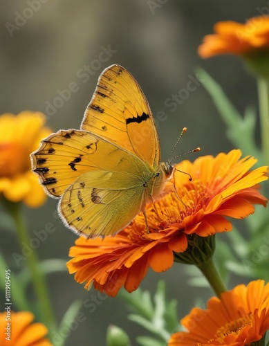 Clouded yellow butterfly (Colias croceus) on a single marigold flower with vibrant orange-red color, nature, macro photography photo