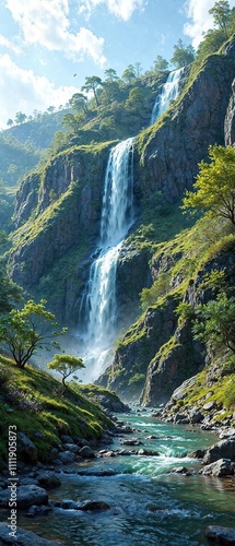 Waterfall cascading down a steep slope alongside a tranquil stream, landscape, serene, stream photo