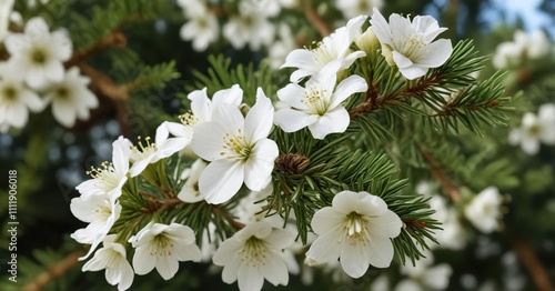 branch details of Keller Spanish Fir with white flowers , pine branch blossoms, kelleri spanish fir branch details, forest flower closeup photo