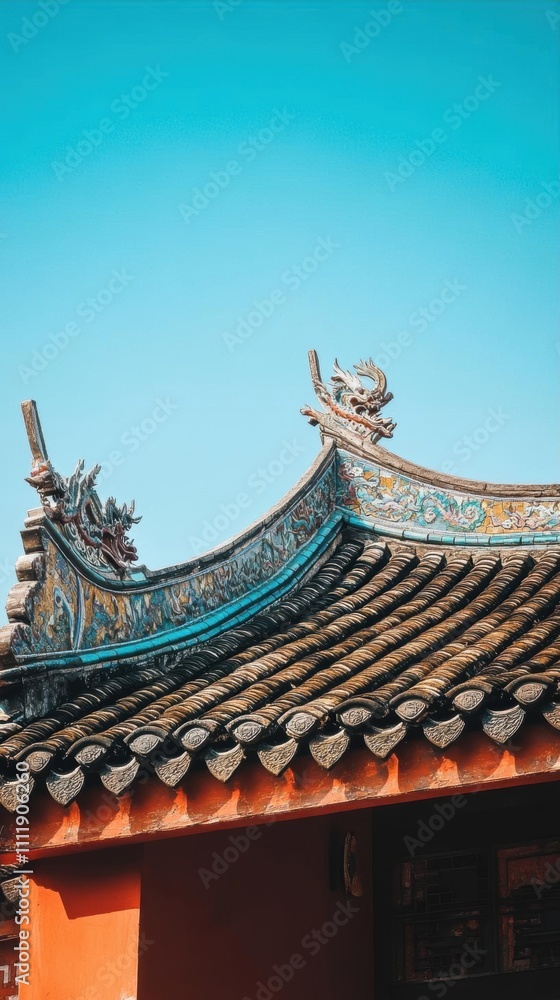 Ornate rooftop with intricate designs against a clear blue sky. Ornate rooftop with intricate designs against a clear blue sky.