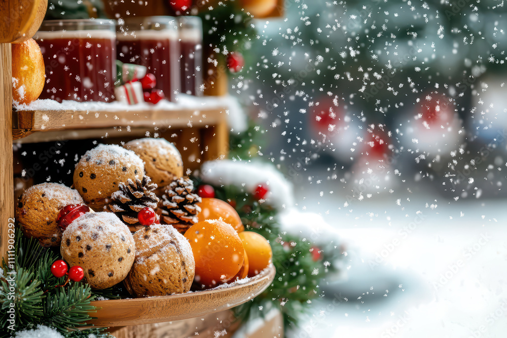 Festive market display with snow, featuring baked goods, fruits, and decorations. scene evokes warm holiday spirit amidst winter wonderland Festive market display with snow, featuring baked goods, fruits, and decorations. scene evokes warm holiday spirit amidst winter wonderland