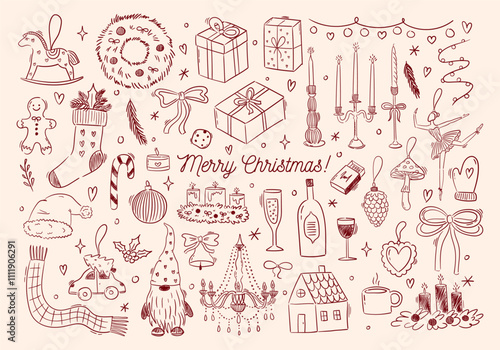 Contemporary minimalist line art illustrations of christmas holidays elements. Hand drawn candles, decorations, gifts, drinks doodles. Coquette ink winter design. Vector graphic