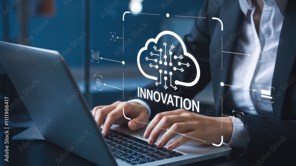 Innovation concept , professional typing on a laptop Overlaying the laptop screen is A cloud shape with small sparks or light rays, symbolizing digital and technological innovation Innovation concept , professional typing on a laptop Overlaying the laptop screen is A cloud shape with small sparks or light rays, symbolizing digital and technological innovation