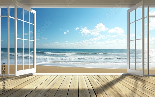 Create a portrait oriented photography studio background image. In the background is the sky of the sea, located on top of another white panel in the outdoor environment  photo