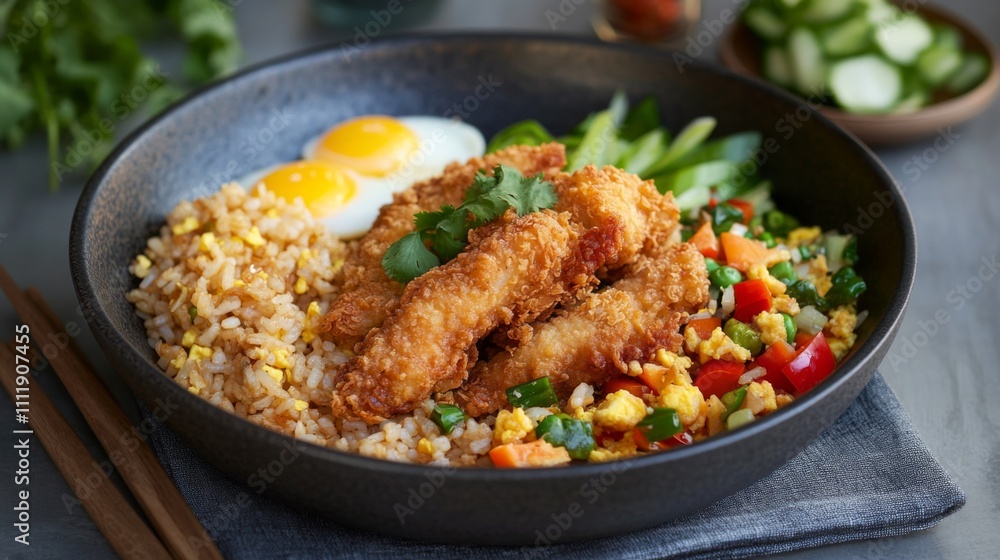 Crispy Chicken Fillets with Rice and Vegetables in Bowl Crispy Chicken Fillets with Rice and Vegetables in Bowl