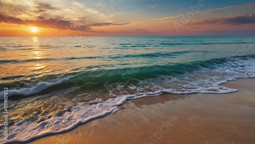 Peaceful closeup sea sand sky beach. Beautiful tranquil nature landscape. Inspire calm tropical beach seascape wave horizon. Colorful panoramic sunset relaxing summer pattern. Vacation travel tourism