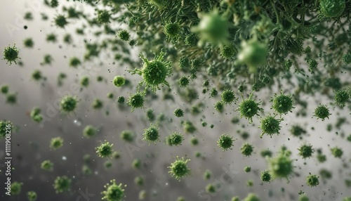 A swarm of tiny green virus particles moving through the air, viral, germ, disease