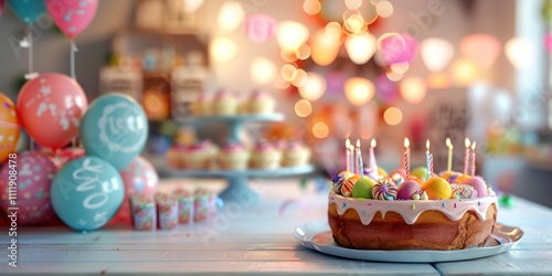 Decorated Birthday Table with blurred party room background, copy space, cinemati photo