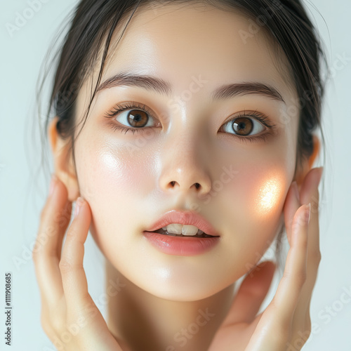 Glowing Skin of a Japanese Woman, Creating a Radiant Ring on Her Cheek with a Gentle Finger Press, Showcasing Natural Freshness photo