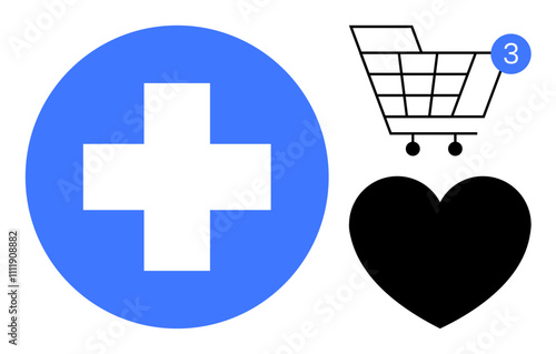 Healthcare blue cross, shopping cart with three items, and heart icon. Ideal for medical services, online shopping, health awareness, e-commerce, retail therapy, customer service product selection