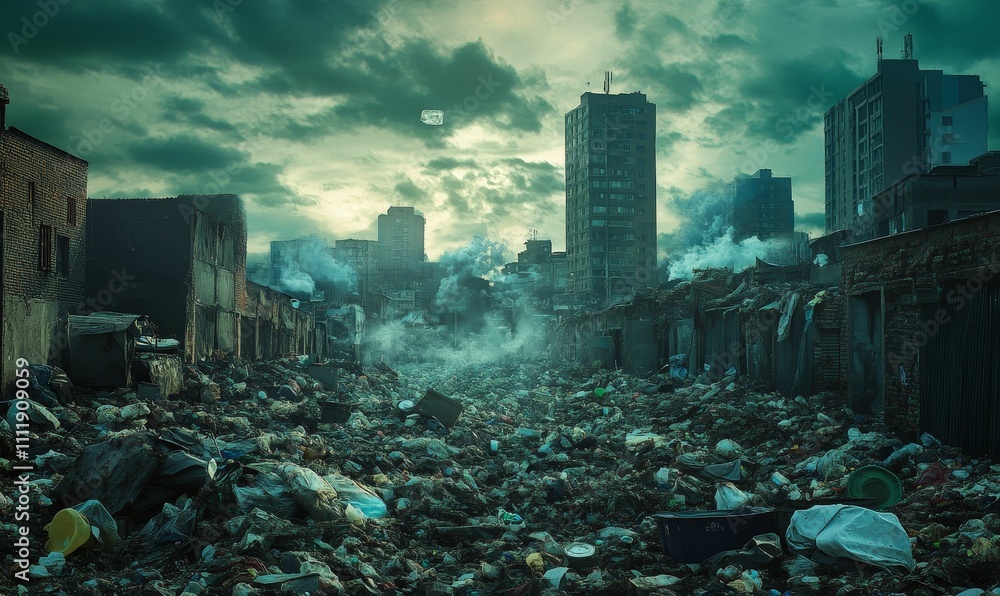 Ruined city, overwhelming waste, ominous sky. Ruined city, overwhelming waste, ominous sky.