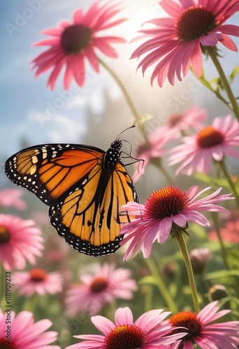 Monarch butterfly in mid-flight above a vibrant pink coneflower field with sunlight filtering through the petals, wing, monarch, coneflower