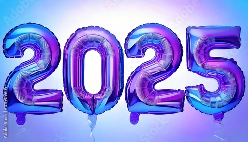 2025 new year festive blue purple mylar balloons isolated on white or transparent 
