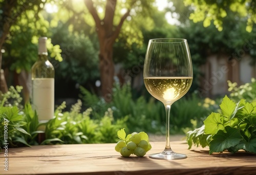 A glass of Viognier wine resting on a wooden table in a lush garden , garden, floral photo