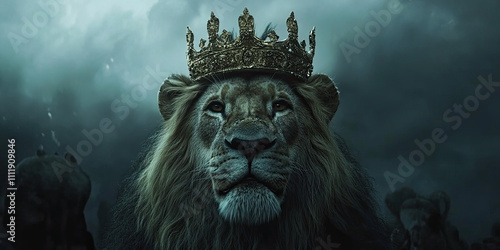 Lion wearing crown, king lions illustration powerful feline animal, predator cat mane leader of pack background photo