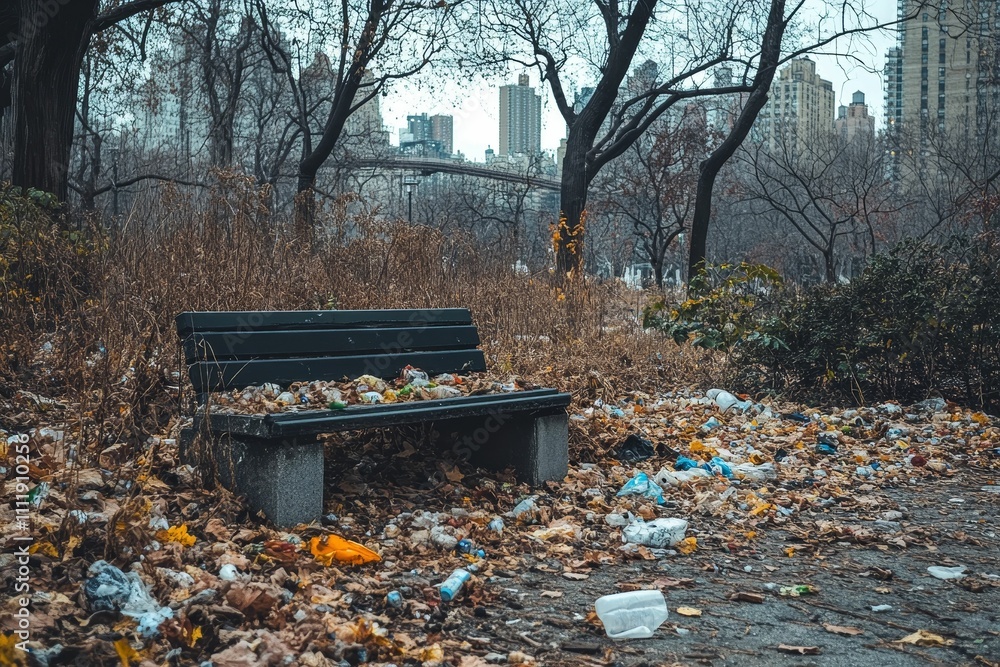 Park bench littered with trash, autumn leaves. Park bench littered with trash, autumn leaves.