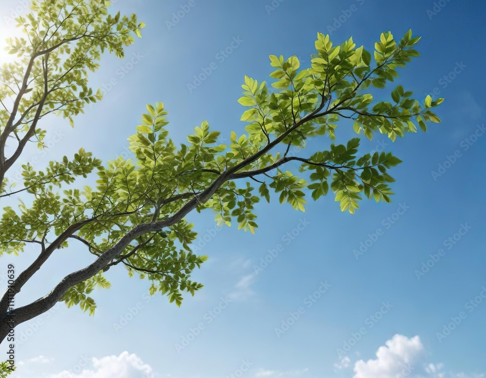 The gentle curves of a leafy tree branch are reflected in the vast expanse of a clear blue sky, blue sky, visual harmony, The gentle curves of a leafy tree branch are reflected in the vast expanse of a clear blue sky, blue sky, visual harmony,