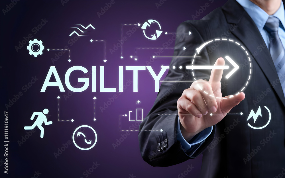 Businessman Touching Agility Word On Purple Background: A businessman in a suit touches an arrow pointing to the word Businessman Touching Agility Word On Purple Background: A businessman in a suit touches an arrow pointing to the word