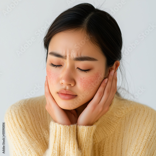 Redness and irritation on Asian woman’s arm, itchy skin and facial touch gesture photo