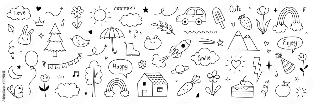 Cute kid background line tree, cloud, flower icon. Hand drawn doodle sketch kid art element set. Flower, heart, cloud children draw style design element background. Vector illustration Cute kid background line tree, cloud, flower icon. Hand drawn doodle sketch kid art element set. Flower, heart, cloud children draw style design element background. Vector illustration