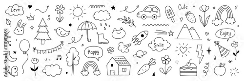 Cute kid background line tree, cloud, flower icon. Hand drawn doodle sketch kid art element set. Flower, heart, cloud children draw style design element background. Vector illustration