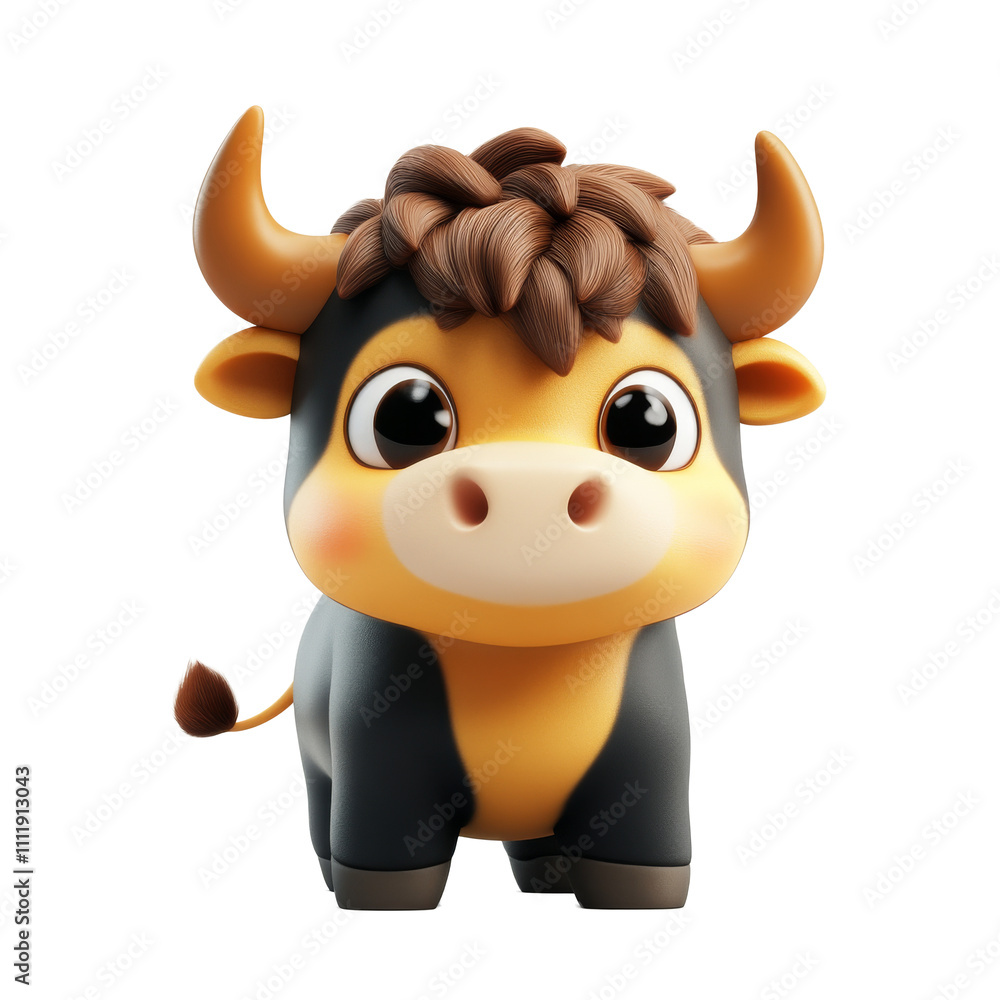 Fototapeta premium Cute cartoon style bull character with big eyes and curly hair in a playful pose