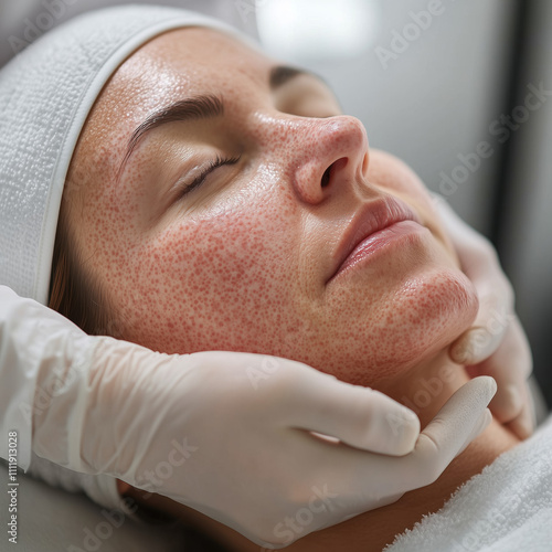 High-quality photo of a Caucasian 40-year-old patient in a clinic suffering from rosacea with vascular redness on cheeks, treated by a nurse in a professional setting photo