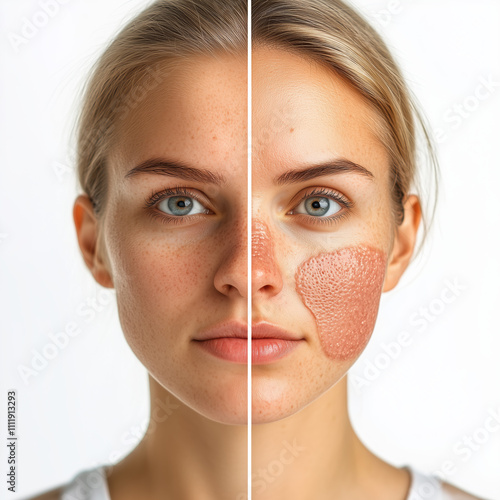 High-quality image of a woman’s full face, half showing smooth, clear skin and the other half with psoriasis, red, inflamed, and dry patches photo