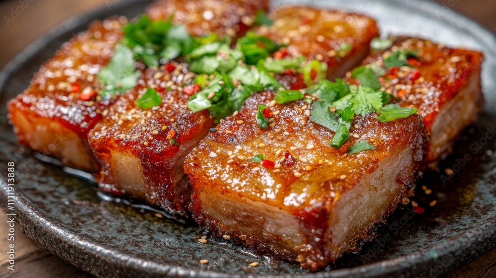 Deliciously Glazed Pan-Seared Pork Belly Served on Rustic Plate Deliciously Glazed Pan-Seared Pork Belly Served on Rustic Plate