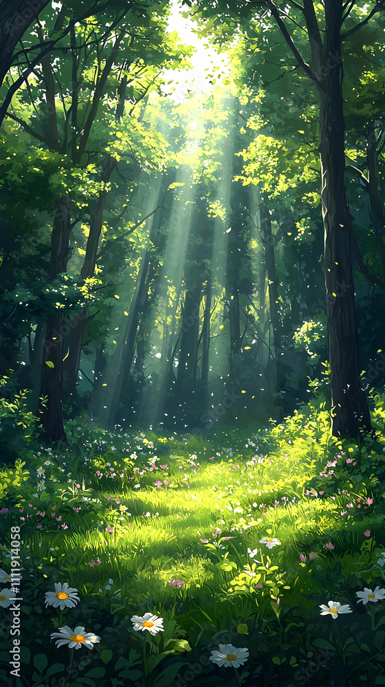 Sunbeams Dance Through Forest, Illuminating Lush Green Meadow, Peaceful Scene Sunbeams Dance Through Forest, Illuminating Lush Green Meadow, Peaceful Scene