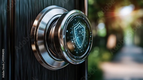 Modern smart door lock with glowing digital shield, symbolizing advanced home security, innovation, and protection in a sleek design