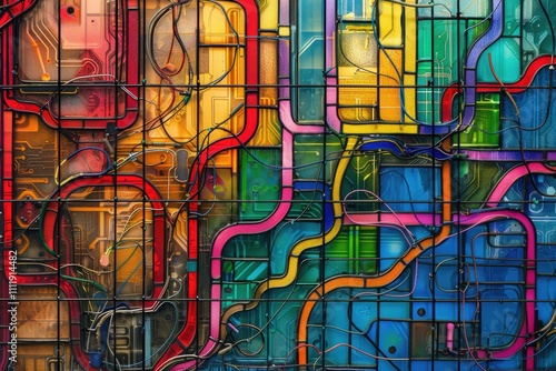 Abstract Colorful Glass Panel With Intricate Wiring Design
