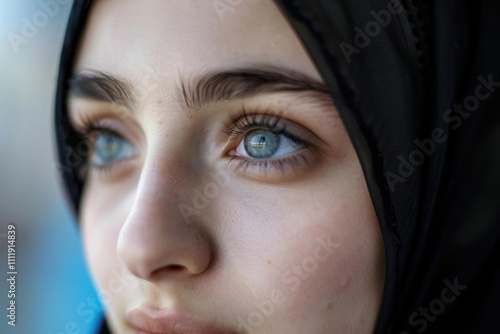 Close-up of a young person with striking blue eyes and a hijab.