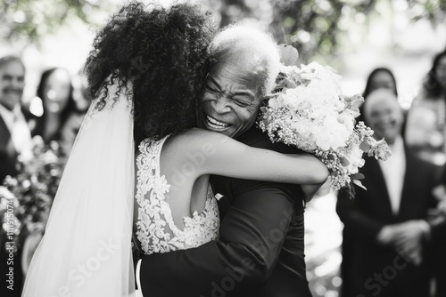 Bride hugs joyful father; wedding, flowers, happiness. photo