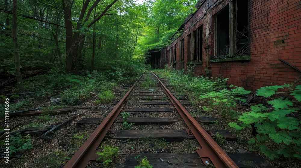 Overgrown railway tracks lead to a derelict building in a forest. Overgrown railway tracks lead to a derelict building in a forest.