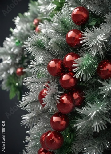 Shimmering silver tinsel with green and red accents, holiday, shimmering, ornaments