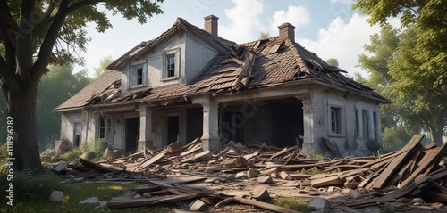 Roof collapse and debris in front of an old house, crumbling, broken, mortar