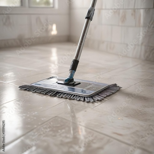 Softly sweeping mop moves across gleaming ceramic tile , kitchen decor, sparkling floor, modern kitchen